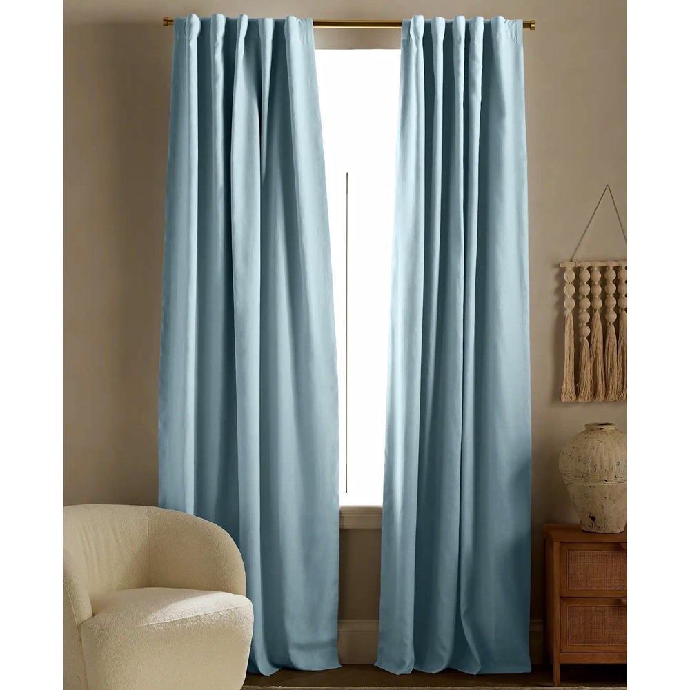 Quince European Linen True Blackout Curtain Single Panel Light Blue 96 x 96 New